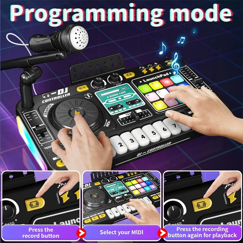 Kids DJ Mixer & Controller with Adjustable Microphone, LED Lights, Bluetooth & Programming Mode – Black